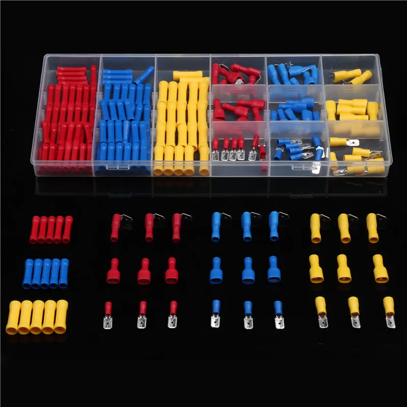 

210PCS PVC Waterproof Electrical Insulated Butt Spade Piggy Back Crimp Terminal Connector Wire Cable Terminal Kit with Box