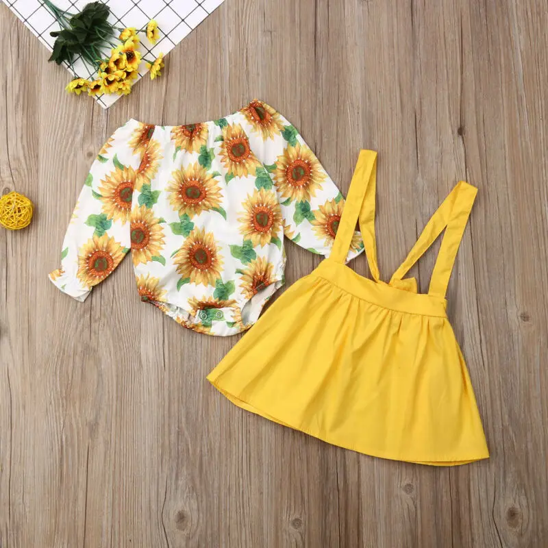 Комплект одежды для маленьких девочек; коллекция года; одежда для малышей; осенний костюм с длинными рукавами и изображением подсолнуха; желтая юбка на бретелях; комплект из 2 предметов - Цвет: Цвет: желтый