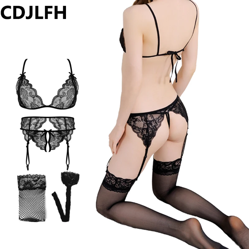 4Pcs/Set Bra & Brief Sets Intimates Plus Size Womens Sexy Lingerie Lace Flower Push Up Top Bra And Panty Set Women Underwear Set