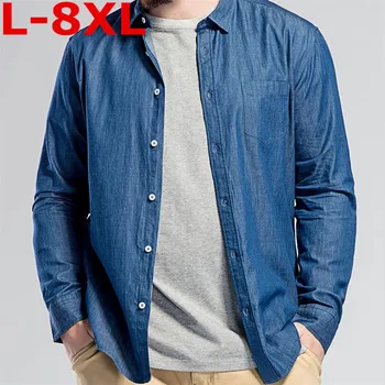 

2018 plus size 8XL 7XL 6XL Spring Autumn Men Denim Thin Shirt Long Sleeve Soft Cotton Pocket Loose Slight Elastic Jeans Cowboy