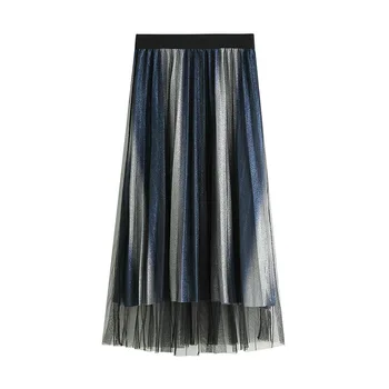 

2019 Summer Woman Gradient Mesh Pleated Skirt Korean Style Elastic High Waist Slim Fit Skirt Harajuku Mid-calf Maxi Skirt Faldas