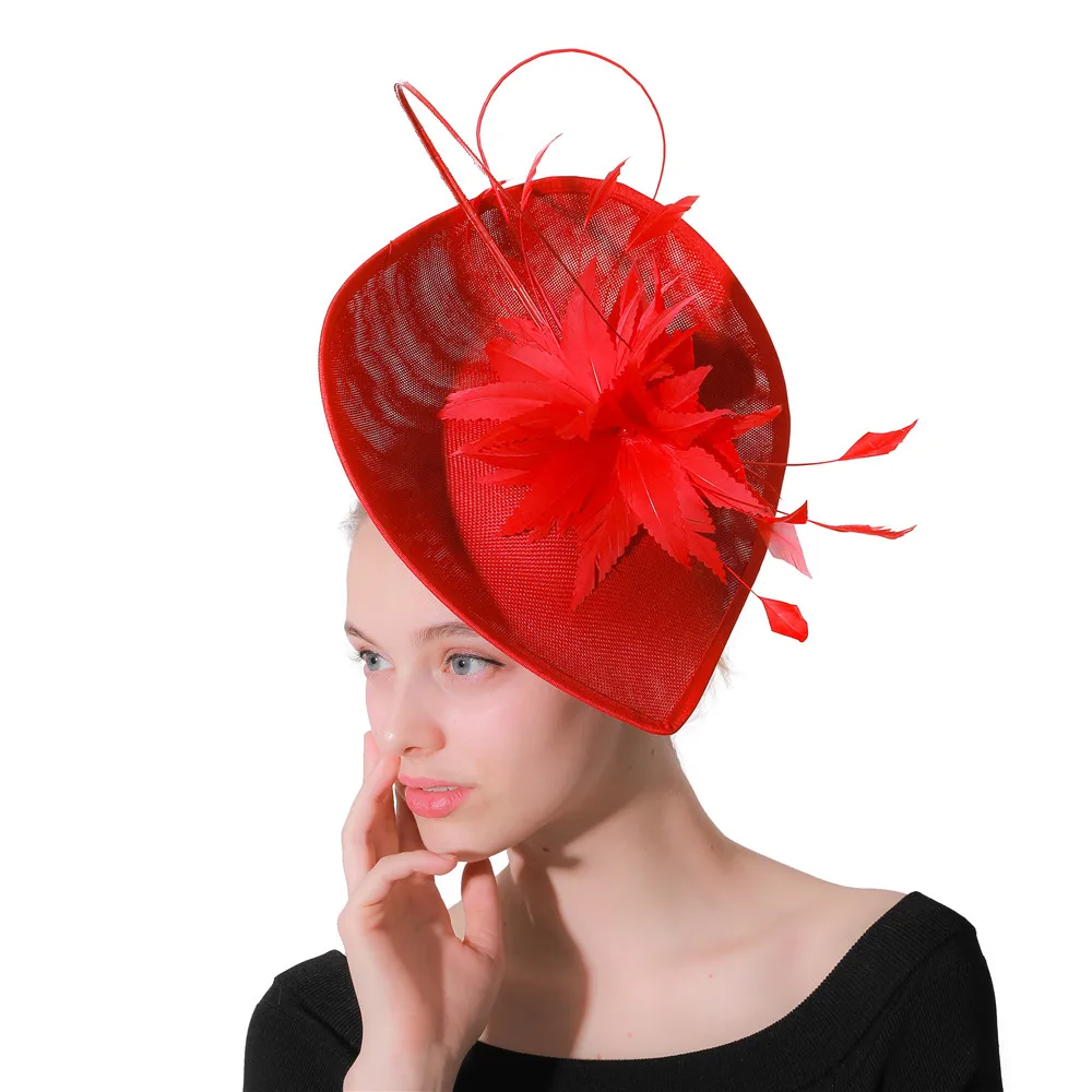Красные Коктейльные Вечерние головные уборы, имитация sinamay, чародей, Pillbox Hat, женские элегантные свадебные головные уборы с перьями