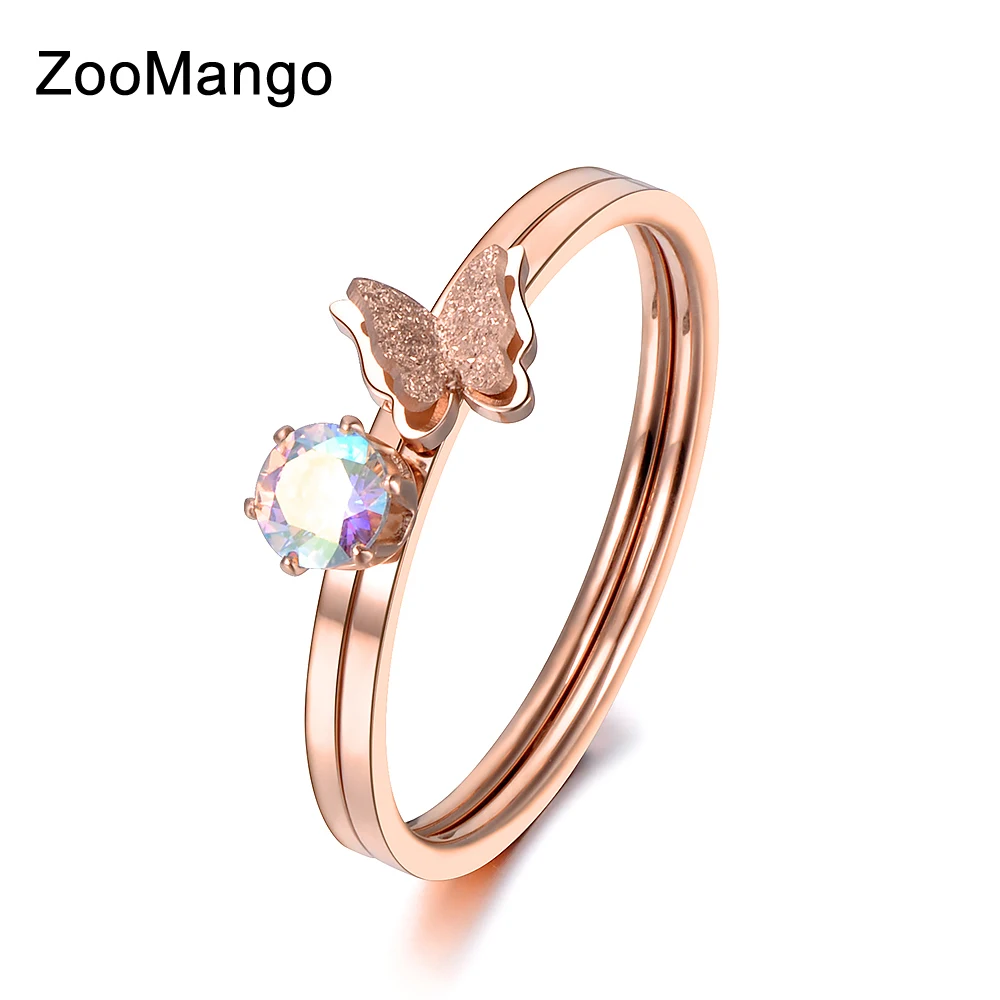 

ZooMango Stainless Steel 2 In 1 Rings Buttfly CZ Crystal Ring Cute Rose Gold Jewelry For Women Valentine's Day Gift ZR18141