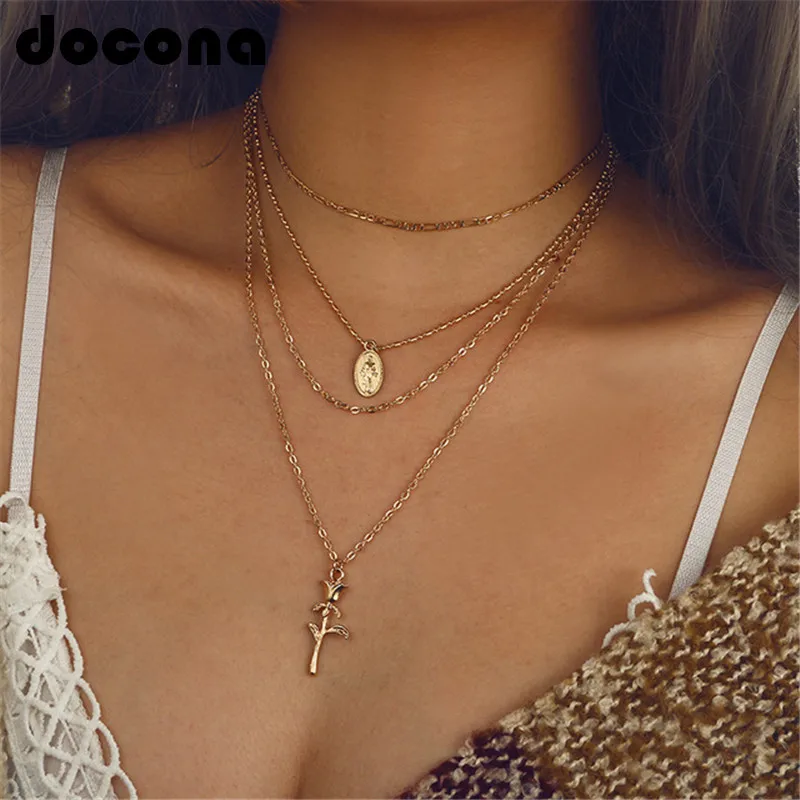

docona Boho Rose Flower Jesus Statue Charms Layered Necklace for Women Gold Color Chains Long Pendant Necklaces Collars 3853