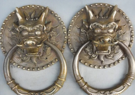 

JP S0524 12" China Chinese Copper Bronze Dragon Head Fengshui Door Knocker Statue Pair Discount 35%