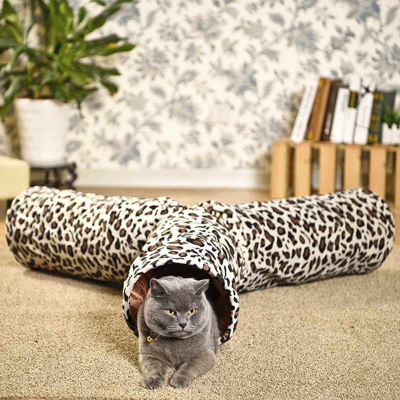 Туннель для домашних животных, 3 отверстия, Леопардовый котенок, игрушка с мячом, складная туннельная трубка для маленьких средних и больших кошек, кроликов