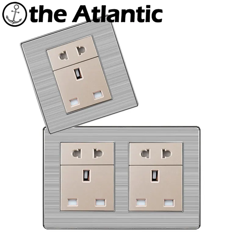 

Atlantic Double 13A UK Standard Outlet with Two Hole Wall Power Socket Enchufe Stainless Steel Panel Electrical Plug 146*86mm