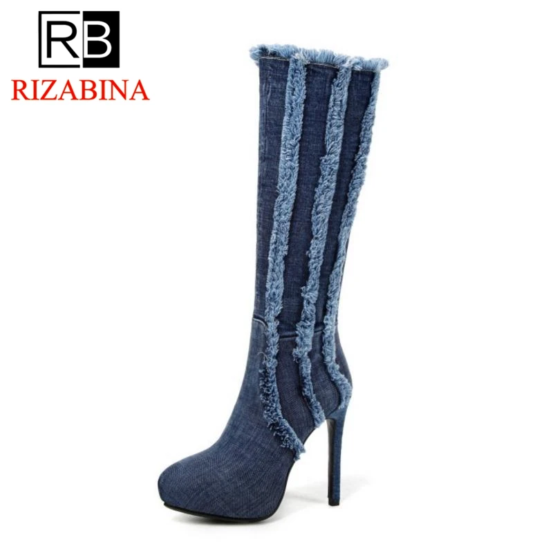 RizaBina/Размеры 33 43 Женские сапоги до колена Зимние высокие из джинсовой ткани