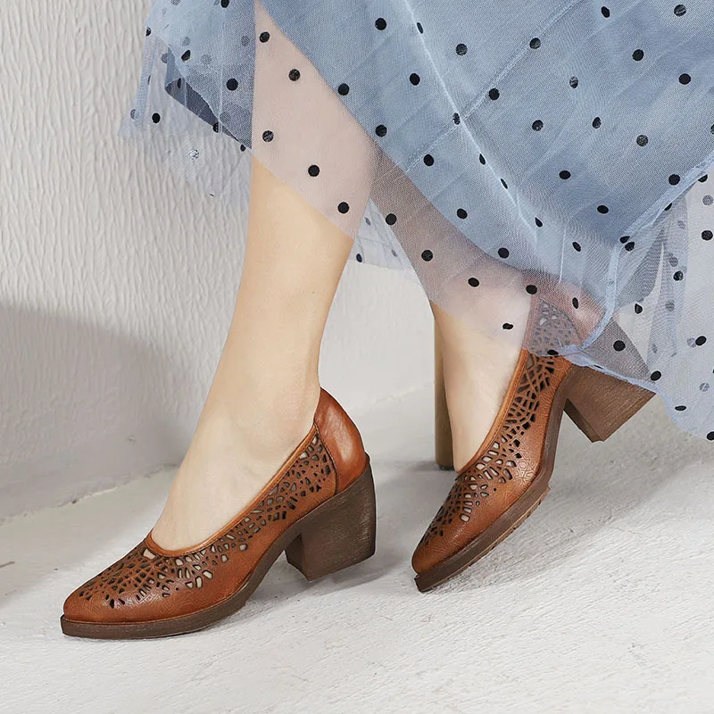 

Women Pumps Embroidery Leather Shoes Ladies Spring 2019 Hollow Out 7 CM High Heels Summer Handmade Genuine Leather Pumps Pointed