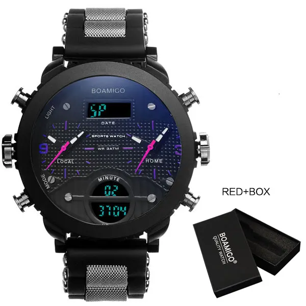red with box Мужские кварцевые наручные часы BOAMIGO, синего цвета, военные, спортивные, с 3 часовыми поясами и с цифровым светодиодным дисплеем, в подарочной коробке - Цвет: red with box