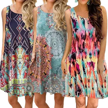 

2018 Women's Summer Ladies Boho Casual Midi Party Clubwear Beach Dress Sundress One-piece Print Sleeveless Straight Dresses