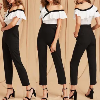 

IASKY Spring Summer Autumn Fashion Women Jumpsuit Sexy Elegant Short Sleeve Patch Flounce Off Shoulder Jumpsuit