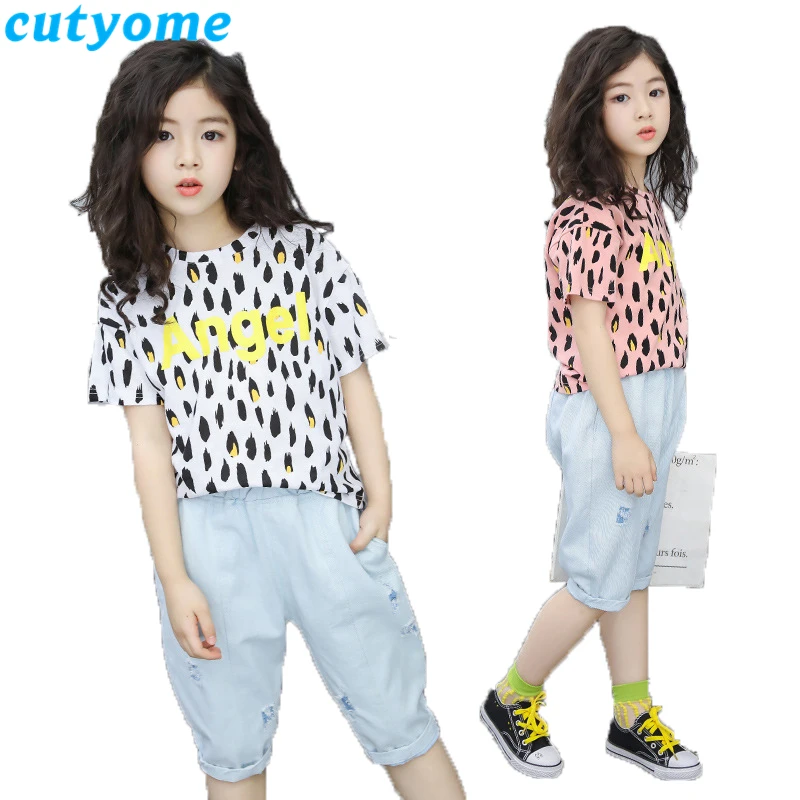 

Summer Clothes for Girls Teengers Girls Outfits Set Short Sleeve Leopard T Shirt+Broken Hole Jeans Shorts Children Jeans Set 11Y