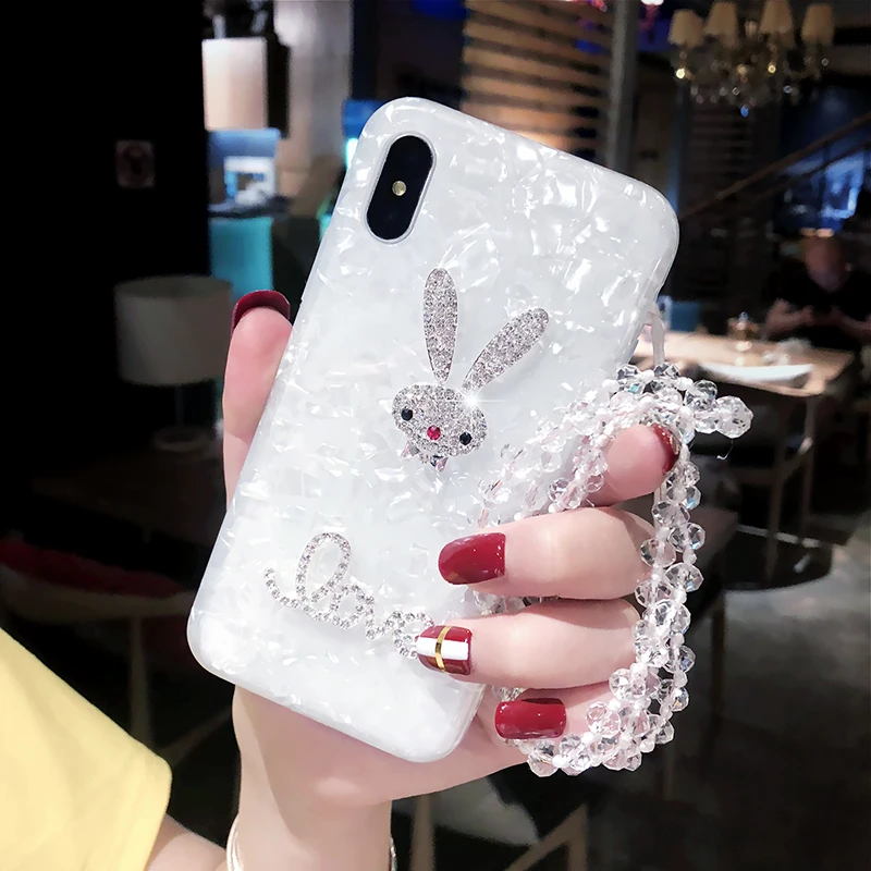 

For iPhone 6 6s 7 8 plus Fancy Luxury Cute rhinestone LOVE diamond rabbit soft shell phone case cover crystal lanyard