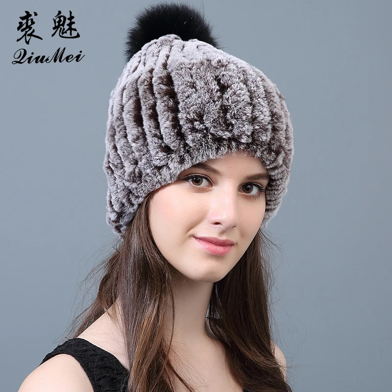 

Real Rabbit Fur Hats Winter Women Pompom Russian Warm Female Beanie Elastic Genuine Fur New 2018 Real Rabbit Fur Caps Hats