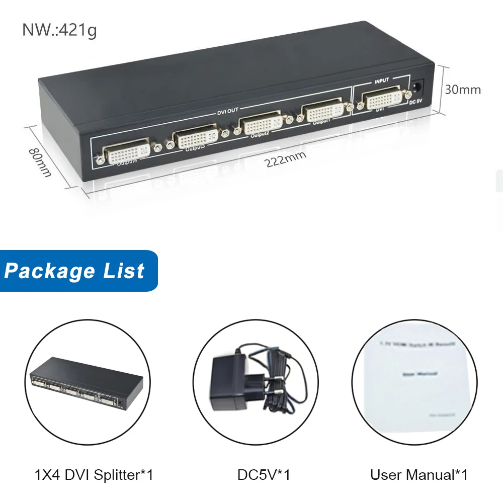 SGEYR 4 портовый разделитель DVI 1 вход 4 выход Поддержка разрешения до 1920x1080 dvi видео сплиттер 1X4 с блоком питания