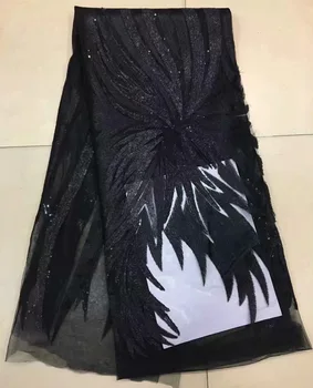 

Free shipping (5yards/pc) wonderful embroidered African sequins lace fabric shining plain black Frennch lace for dress FNJ52