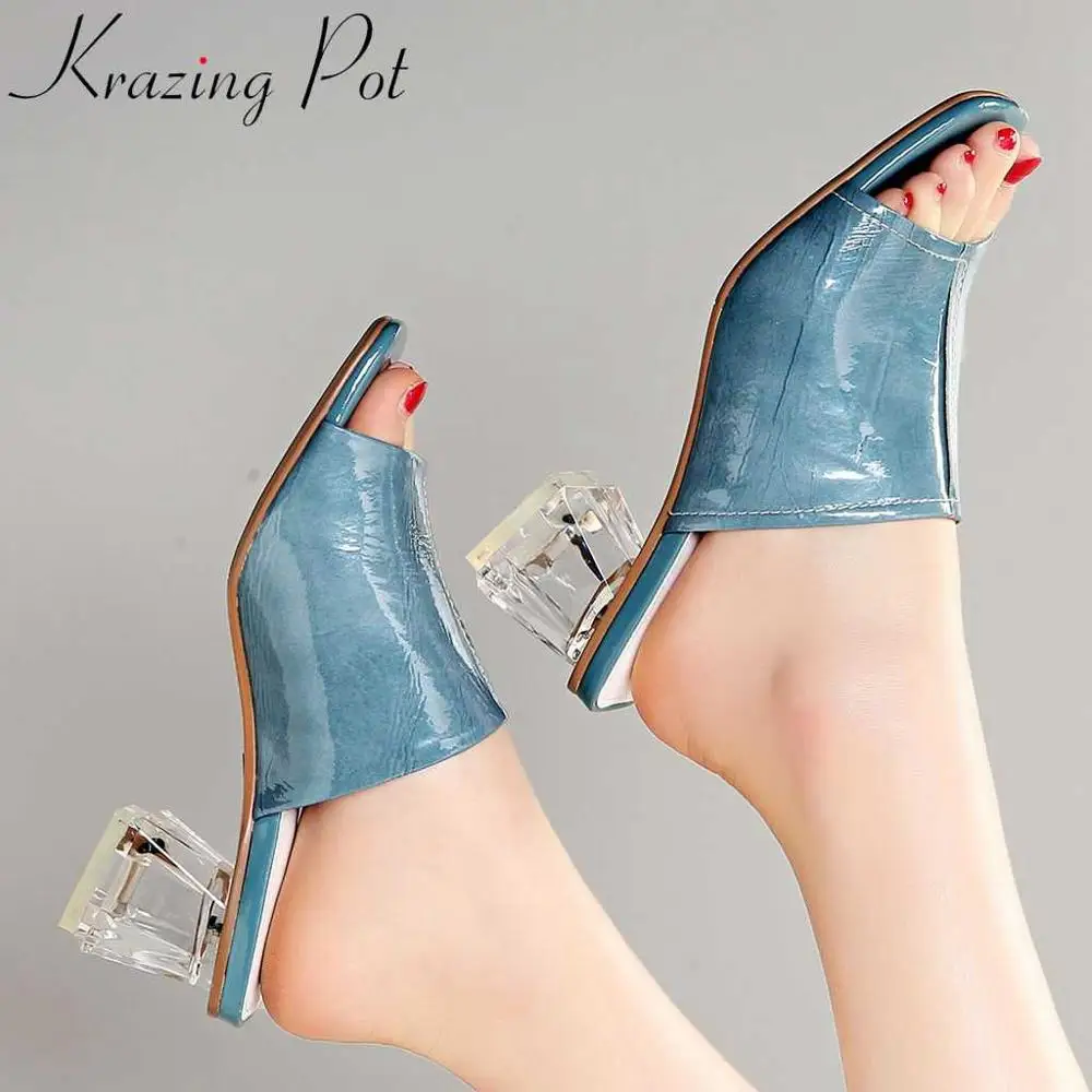 

2019 recommend large size crystal chunky med heles peep square toe women sandals slip on mules simple style elegant shoes L0f1