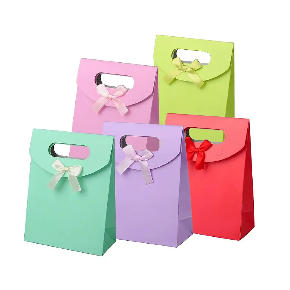 60pcs/lot 16.3x12.3cm (6.41"x4.84") Paper Gift Bags with Ribbon Bowknot