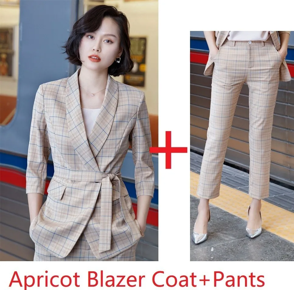 Novelty Apricot High Quality Fabric Uniform Designs Women Pantsuits Jackets And Pants For Ladies Blazers Pants Suits With Belt - Цвет: Blazer and Pants