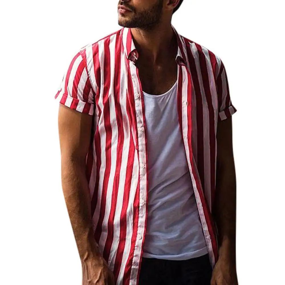 الرجال فضفاض الشاطئ قمصان هاواي قطاع طباعة قصيرة كم زر الرجعية قمم خمر الأحمر الذكور الصيف الأبيض أزياء الشارع الشهير
