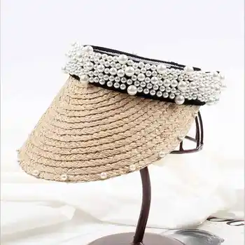 

WZCX 2019 New Pearl Korean Version Casual Tide Women Straw Hat Fashion Solid Color Empty Top Hat Summer Cap