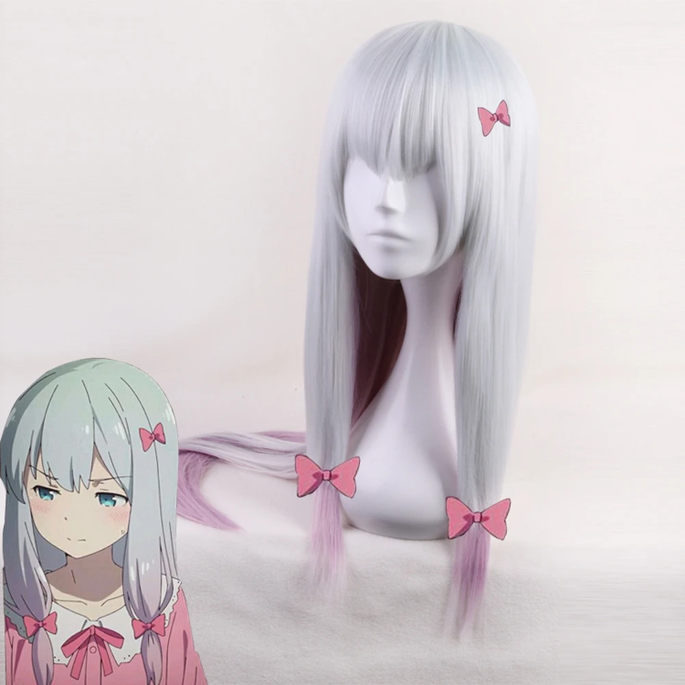 

80cm Anime Eromanga Sensei Izumi Sagiri Cosplay Wig Gradient Wigs with Bow Ties Role Play Hair