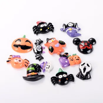 

Pandahall 50pcs/lot Randomly Mixed Halloween Pumpkin Witch's Hat Ghost Mouse Spider Bat Owl & Candy Cake Resin Cabochons