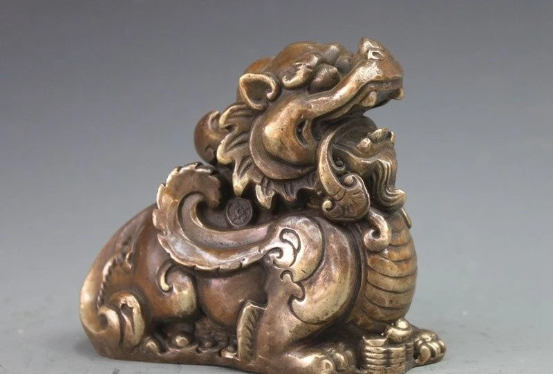 

China Folk Feng Shui Bronze Foo Dog Lion Pi Xiu Attract Wealth Beast Statue a5.19
