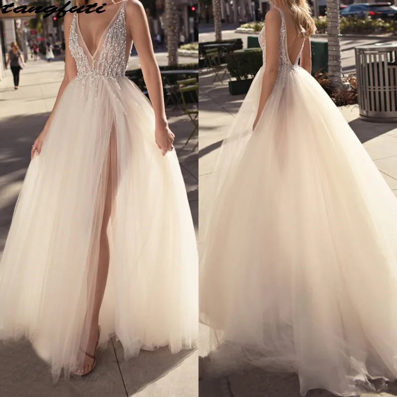 

A Line Evening Dresses Party Long Sexy Backless Deep V Neck High Split Tulle Formal Evening Prom Gowns Evening Party Dress