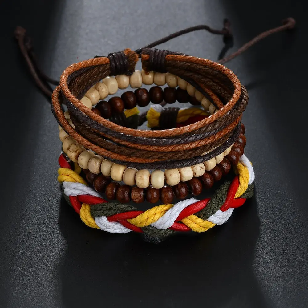 

High Quality 4 pcs Multilayer Beads Leather Bracelet for Women Simple Style Handmade Hemp Rope Wrap Bracelet Men Jewelry Gift