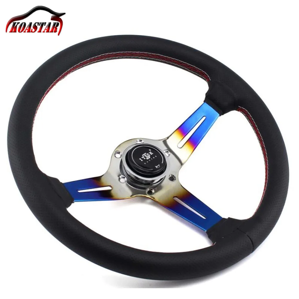 

ITSOK 350mm 14" inch Leather Deep Corn Steering Wheel Black Aluminum Titanium Blue Neochome Spoke Universal