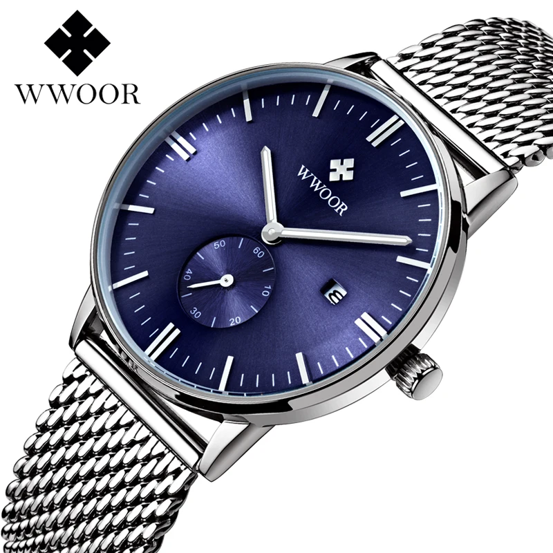 relojes hombre 2018 WWOOR brand Date Clock Male Waterproof Quartz Watch Men Silver Steel Mesh Strap Luxury Casual Wrist | Наручные часы