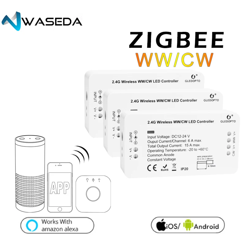 

WASEDA ZIGBEE bridge Led Controller RGBW/CT DC12/24V Zigbee LED controller smart ZLL controller compatible with HUE Lightfy Echo