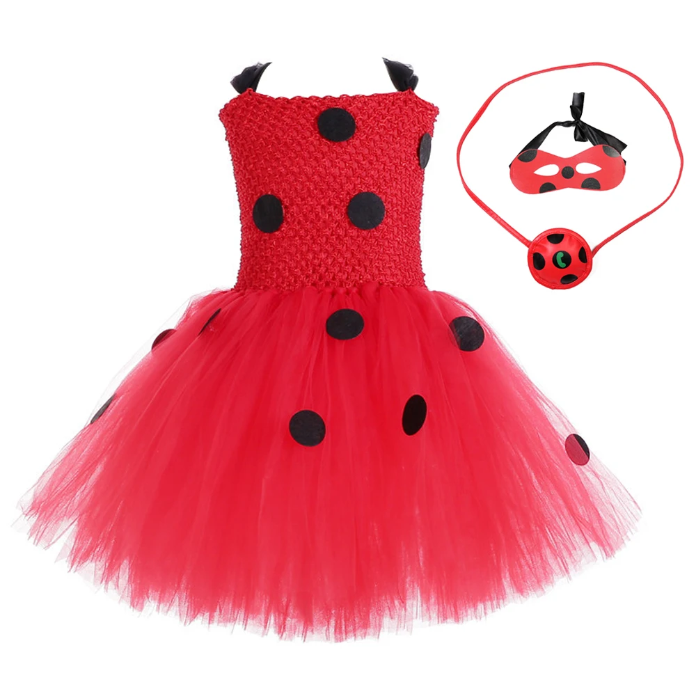 

Girls Lady Bug Tutu Dress Kids Polka Dots Dress for Girls Children Birthday Halloween Party Costumes Toddler Red Tulle Frocks