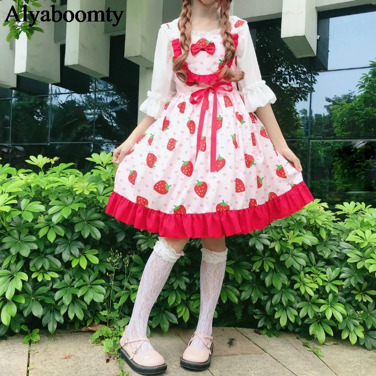 Новые Японские Женские Lolita jsk вечерние платья клубника вишня сердце печатных