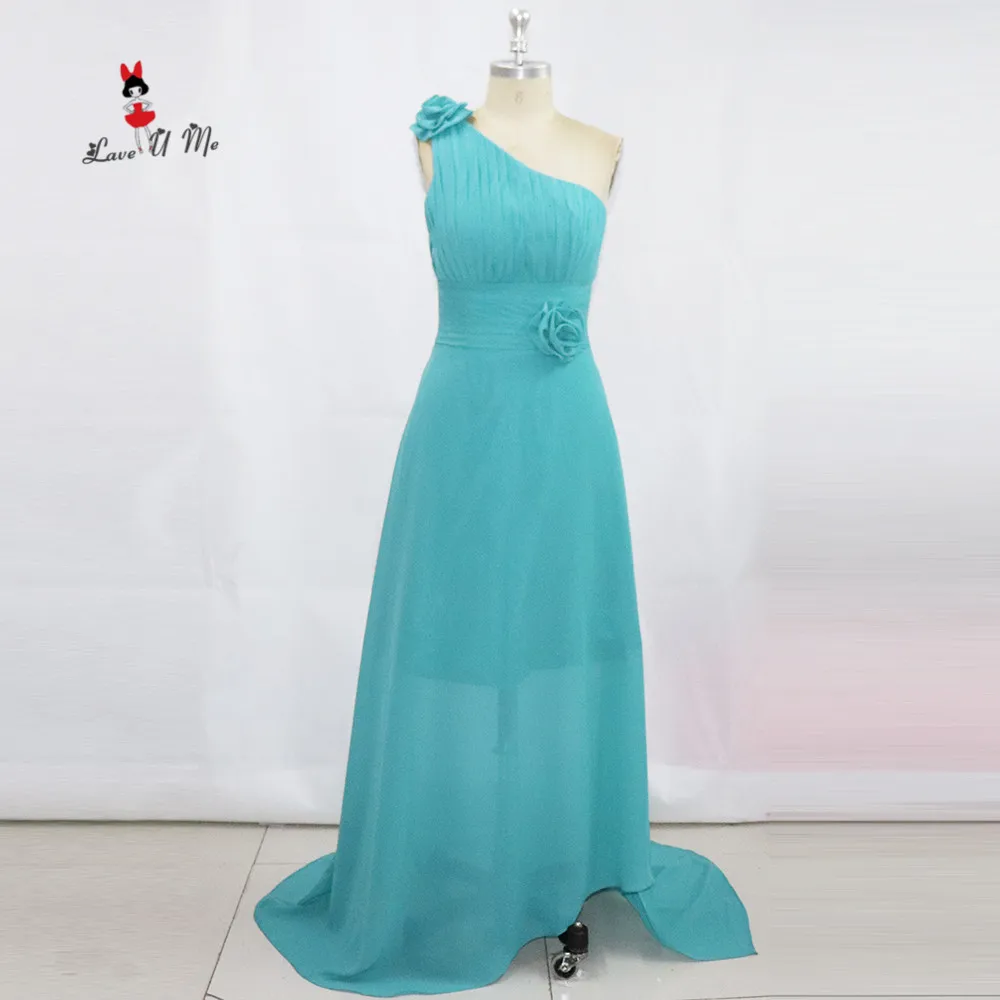 6787 25 De Réductionrobes De Demoiselle Dhonneur Turquoise Pas Cher Longue Une épaule Fleurs Robe Dinvité De Mariage En Mousseline De Soie Voir