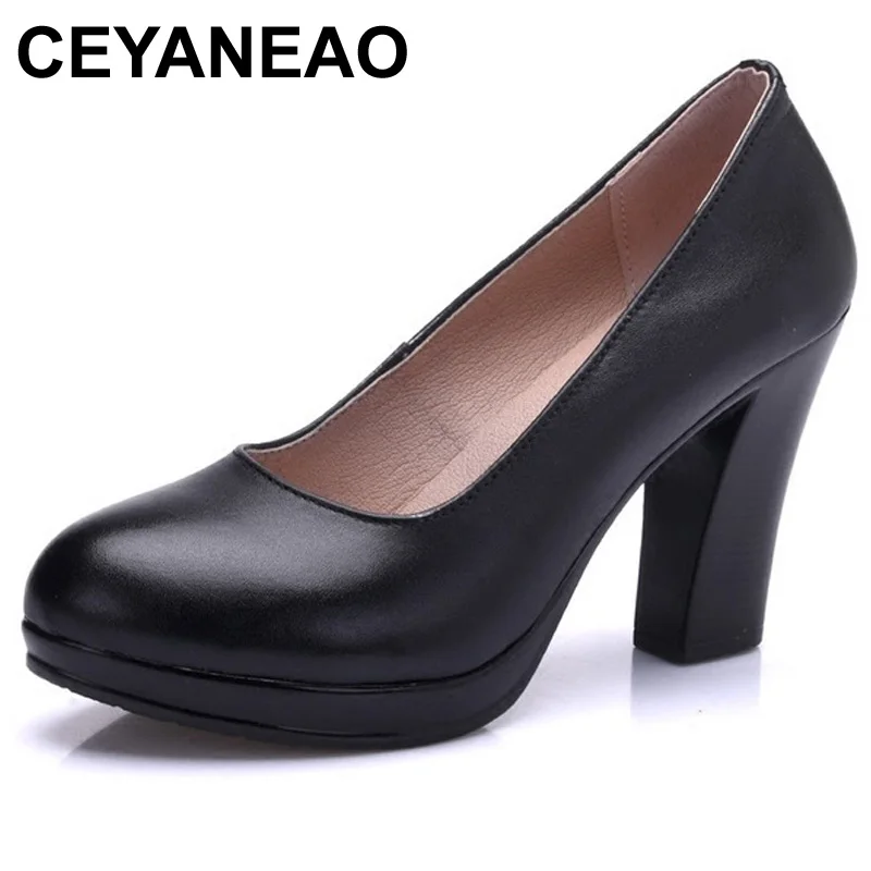 

CEYANEAO Genuine Leather shoes Women Round Toe Pumps Sapato feminino High Heels Shallow Fashion Black Work Shoe Plus Size 34-43