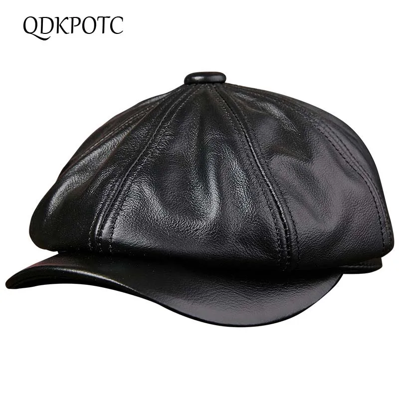 

QDKPOTC 2018 Men's Real Genuine Cow Leather Brand Newsboy /Beret Hat Octagonal Cap Winter Warm Caps& Men With Ears Ear Flap Hats