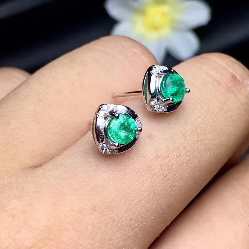 

Emerald earring Free shipping Natural real emerald 925 sterling silver earrings 5mm 2pcs Gem