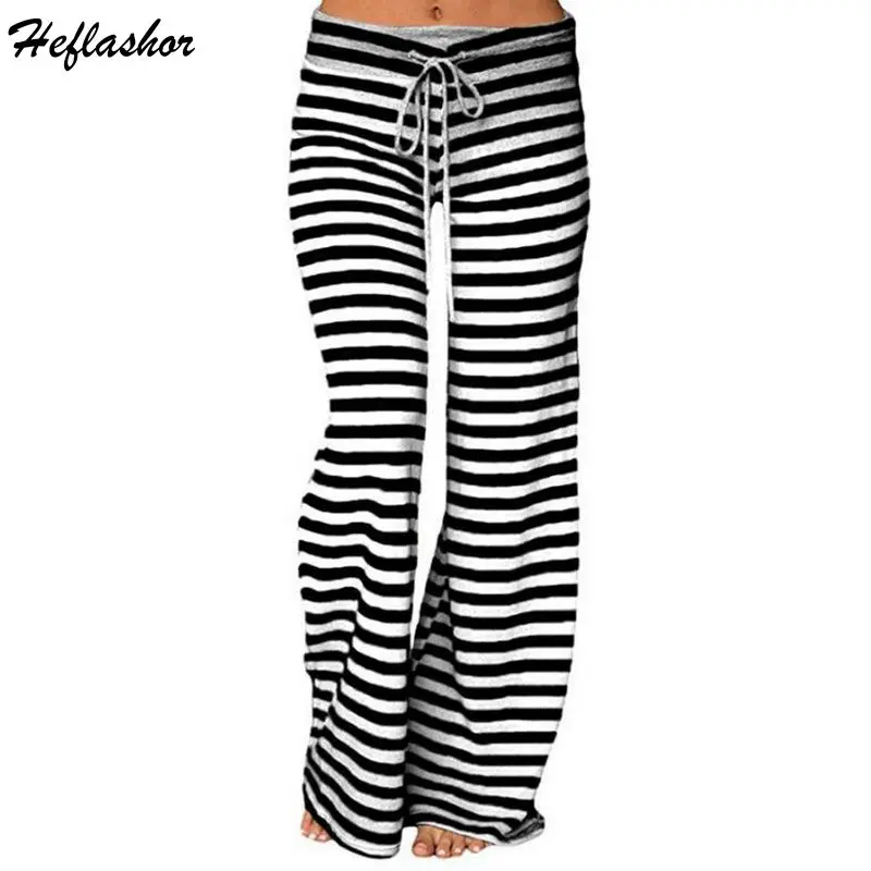 

Heflashor Fashion Women Striped Casual Loose Long Pants High Waist Drawstring Wide Leg Pants Female Plus Size Trousers