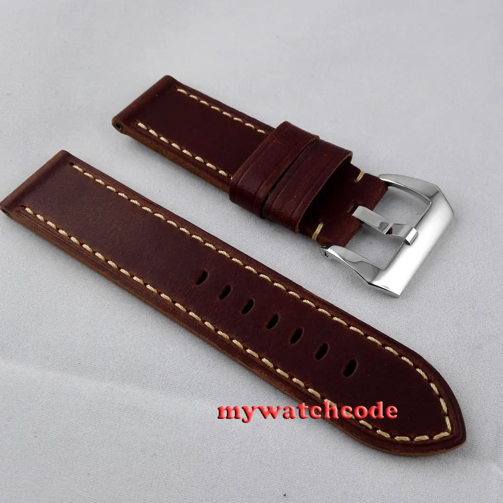 

24mm coffee heavy leather Genuine leather fit mens military parnis mens watch 20