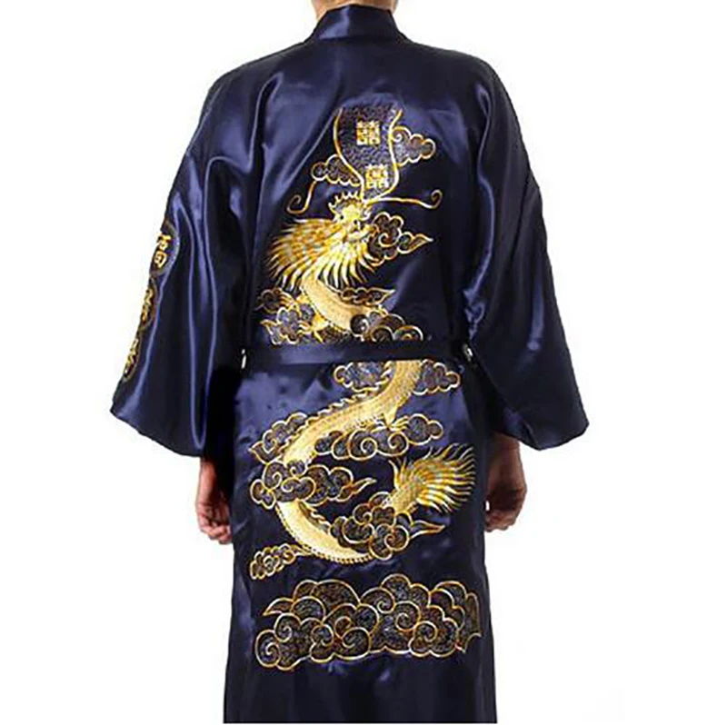 2019 New Chinese Men's Satin Silk Robe Embroidery Kimono Bath Gown Dragon Pattern Bathrobes Home Nightwear