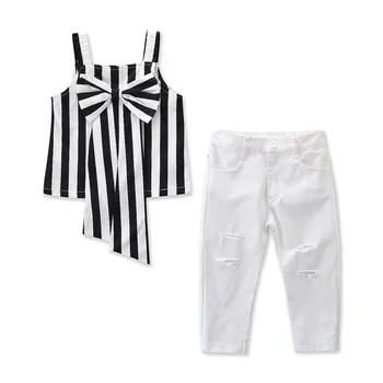 

Girls 'new black and white striped halter jacket denim trousers two-piece suit Cotton Sleeveless