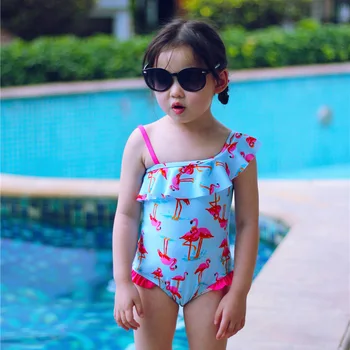 

2018 Summer Baby Girl Swimwear Off Shoulder Cartoon Flamingo Beachwear Toddler Girls Sexy Swimsuit Bikini D0848