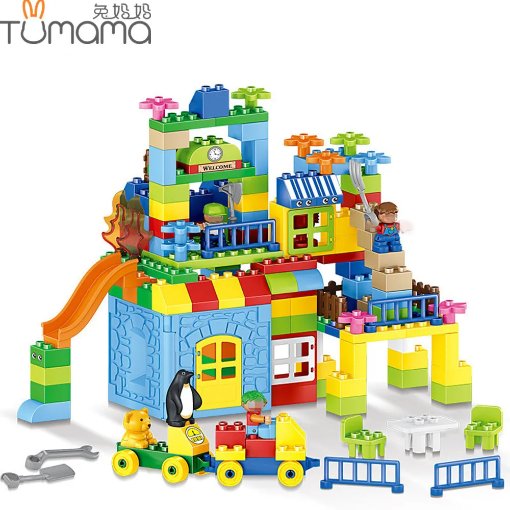 Tumama 160pcs Train Building Blocks DIY Big Size House Number Creative City Bricks Amusement Park Model Educational Block Toys 