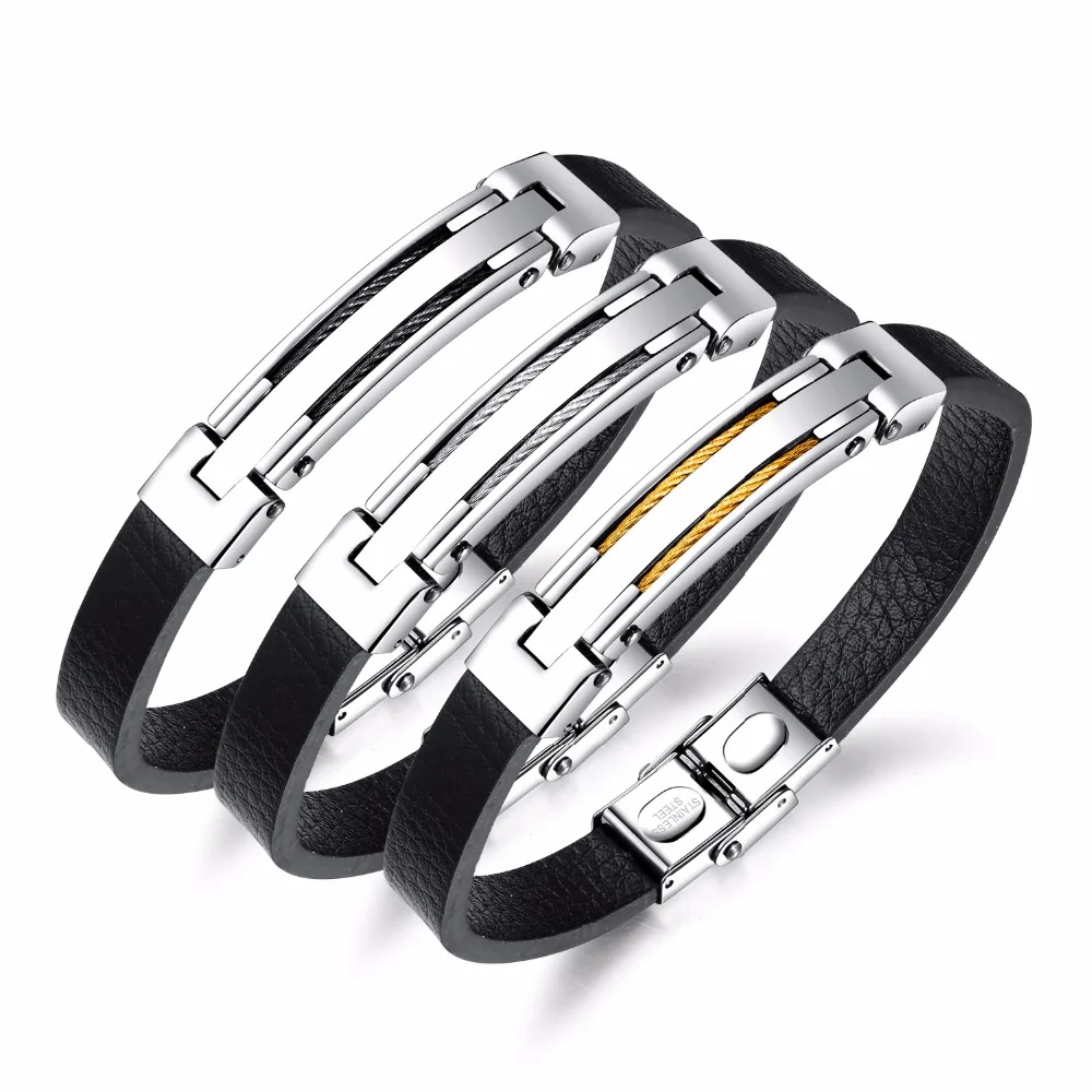 FATE LOVE Brand Male Men Punk Black PU Leather Charm Bracelet & Bangles Fashion Jewelry Boyfriend Gift