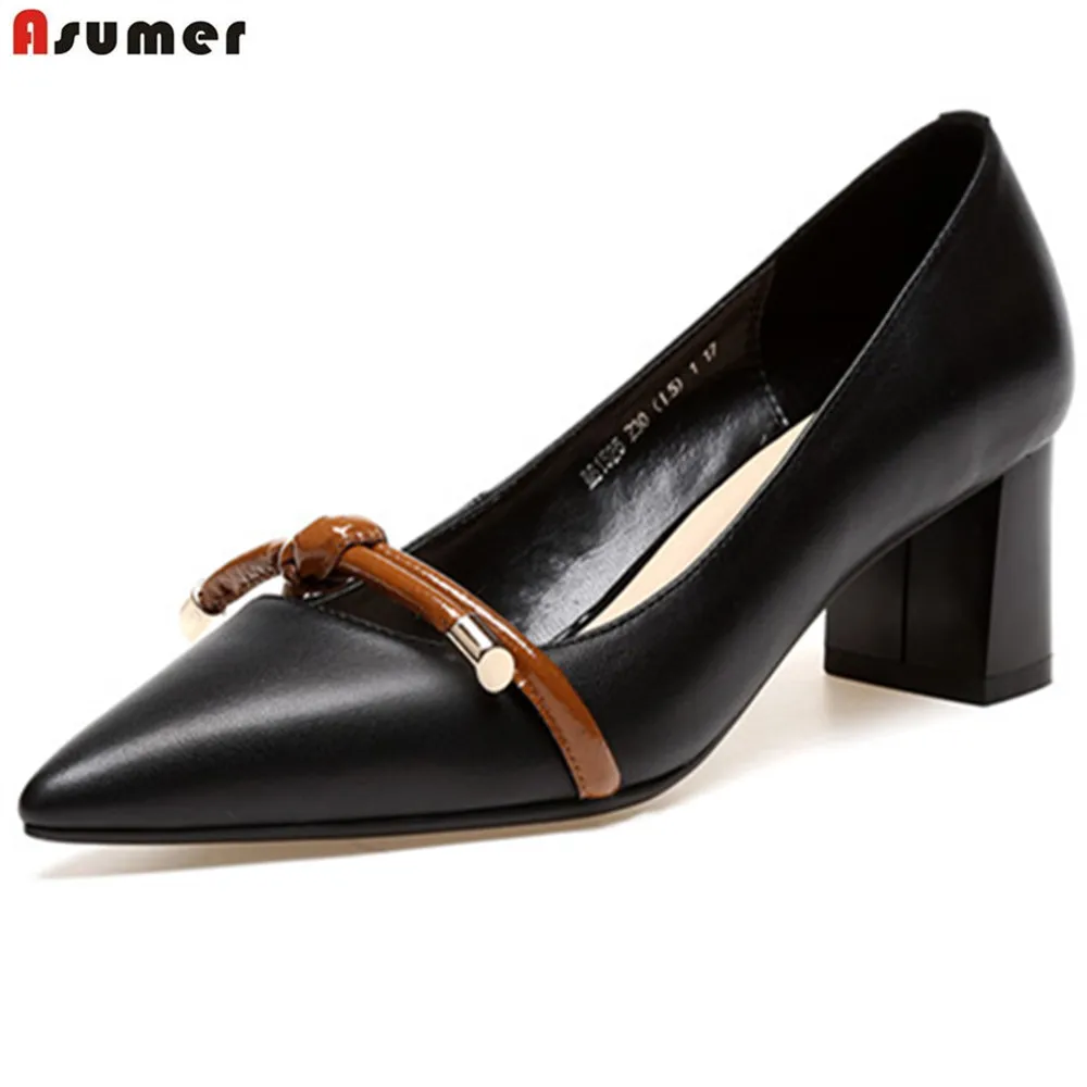 

ASUMER black beige pointed toe women pumps shallow natural genuine Leather heel shoes thick heel fashion high heels shoes