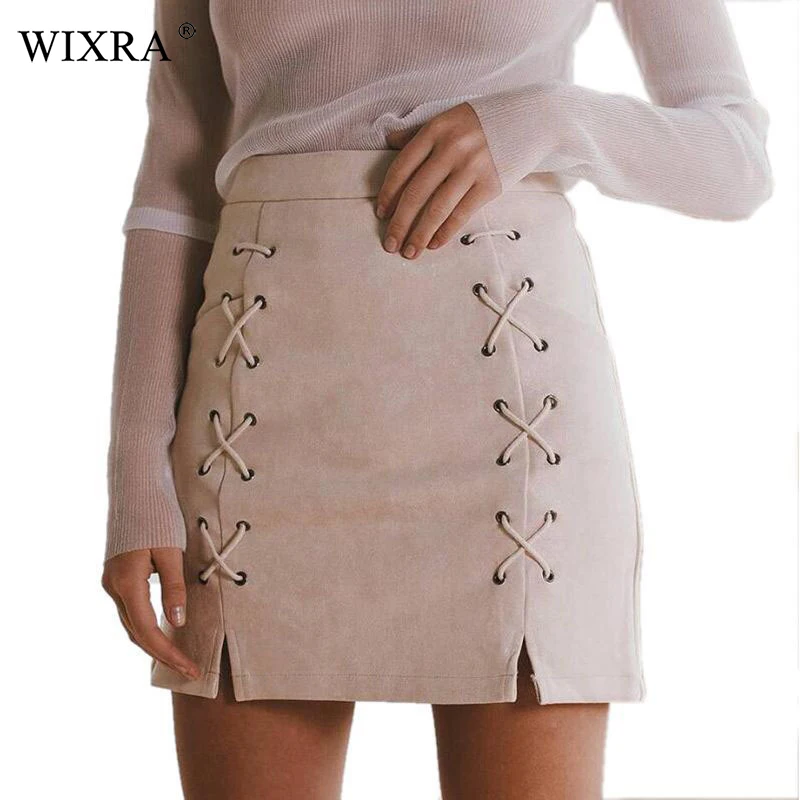 Женские замшевые мини юбки Wixra однотонные винтажные короткие на шнурках с