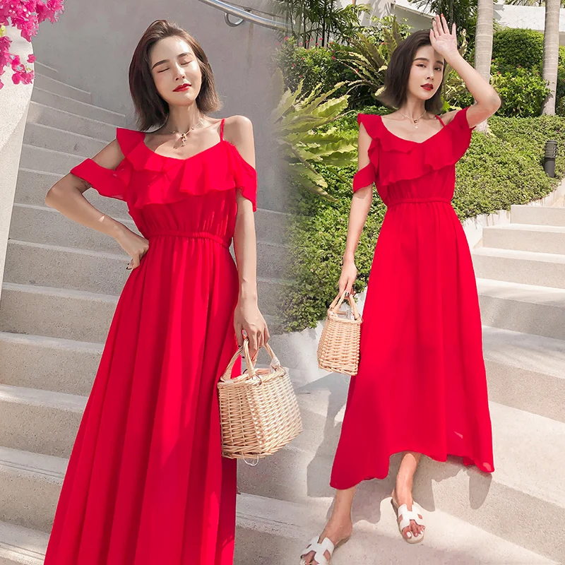 

Women Red Ruffle Maxi Dress High Waist Slim Elegant Party Night Summer Vacation Long Beach Dress Vintage Korean Runway Vestidos